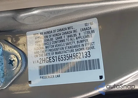 2005 Honda Civic Lx из США, поврежденный, VIN 2HGES16535H562133